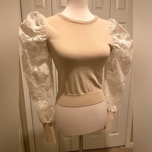 ZARA Beige Crop Sweater Contrast Floral Sleeve Size M